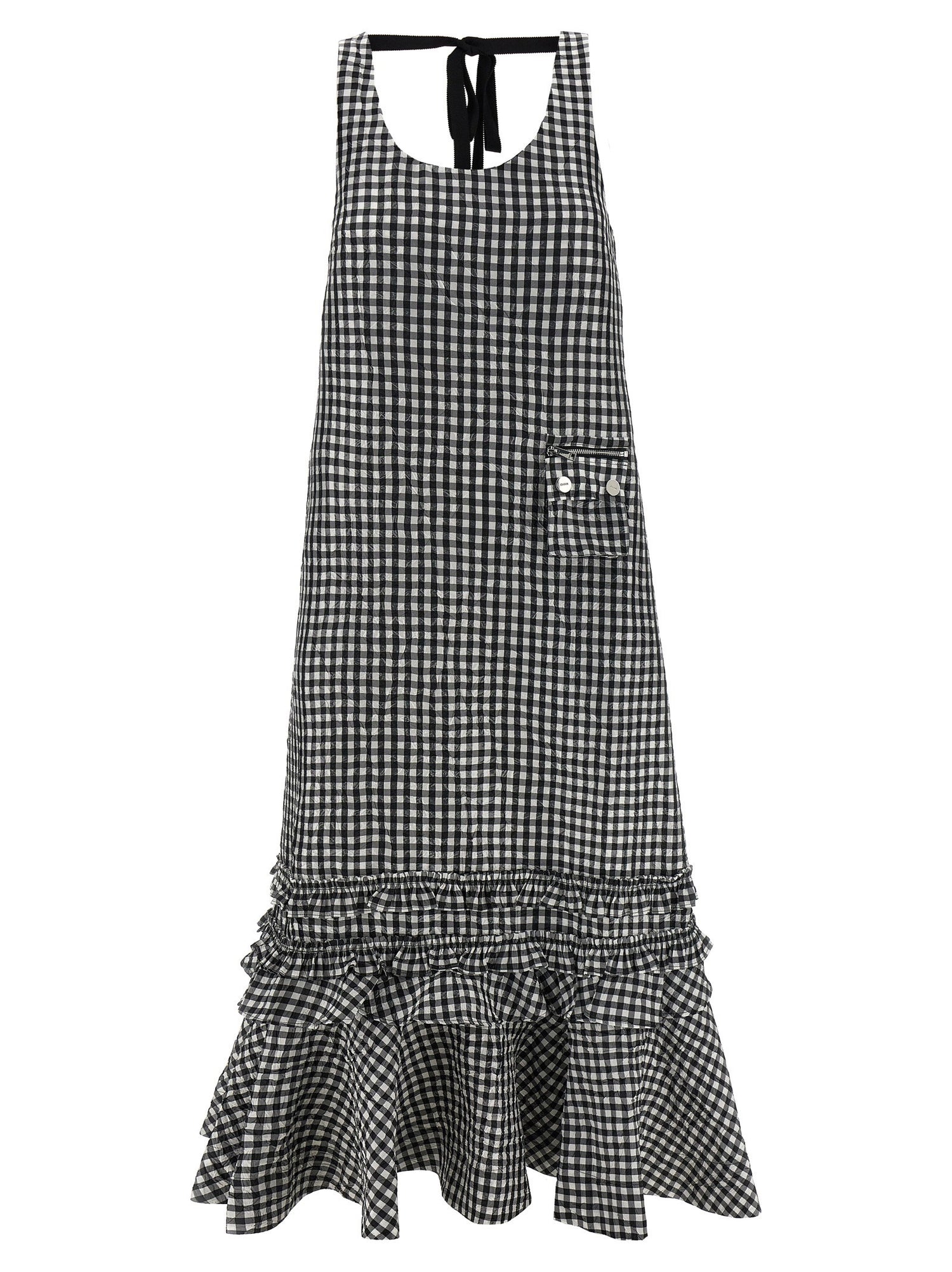 Ganni Crinkled Check Long Dress Black