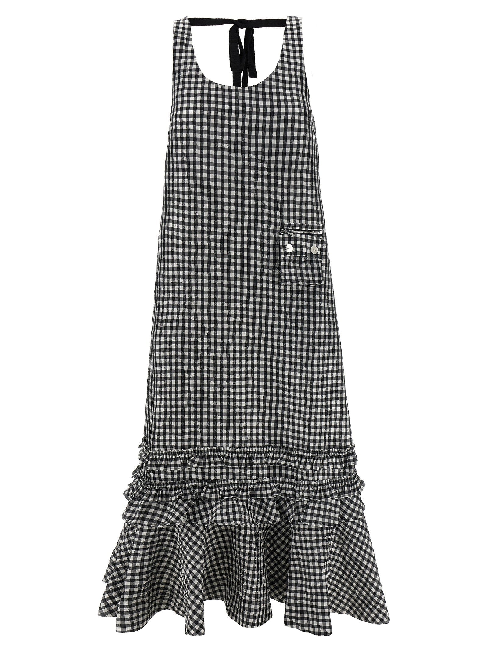Ganni Crinkled Check Long Dress Black