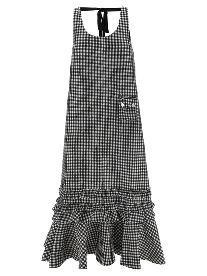 Ganni Crinkled Check Long Dress Black