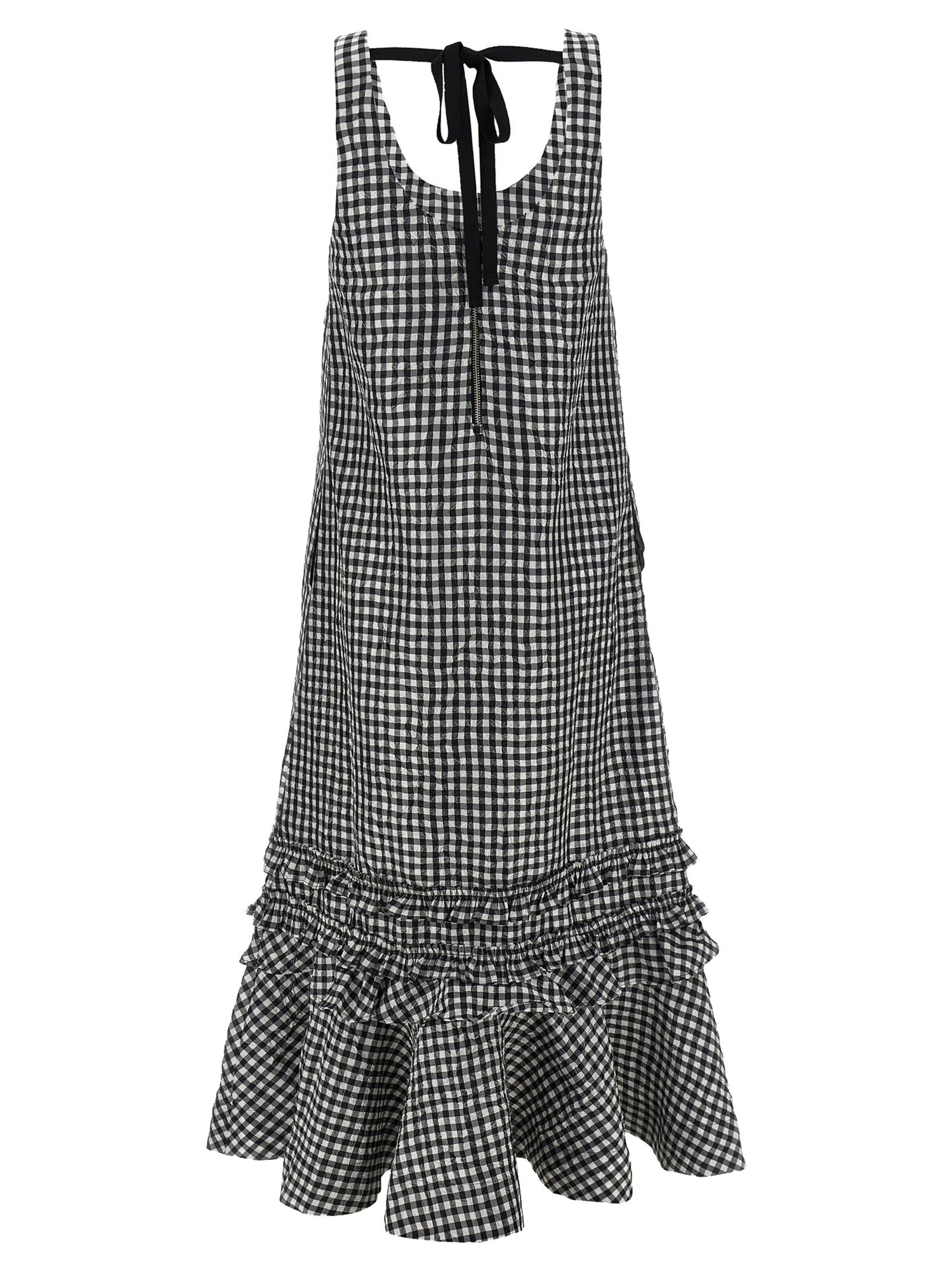 Ganni Crinkled Check Long Dress Black