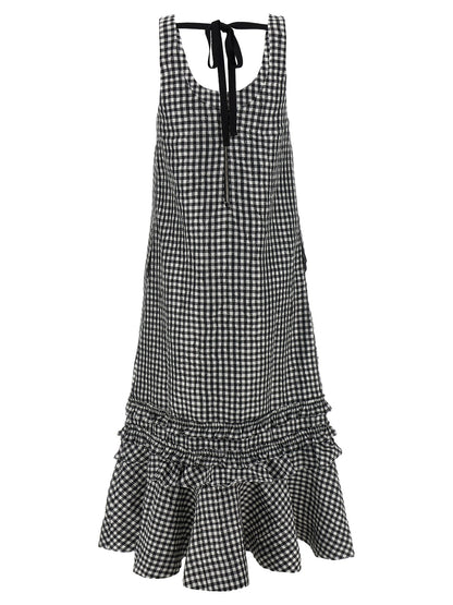 Ganni Crinkled Check Long Dress Black