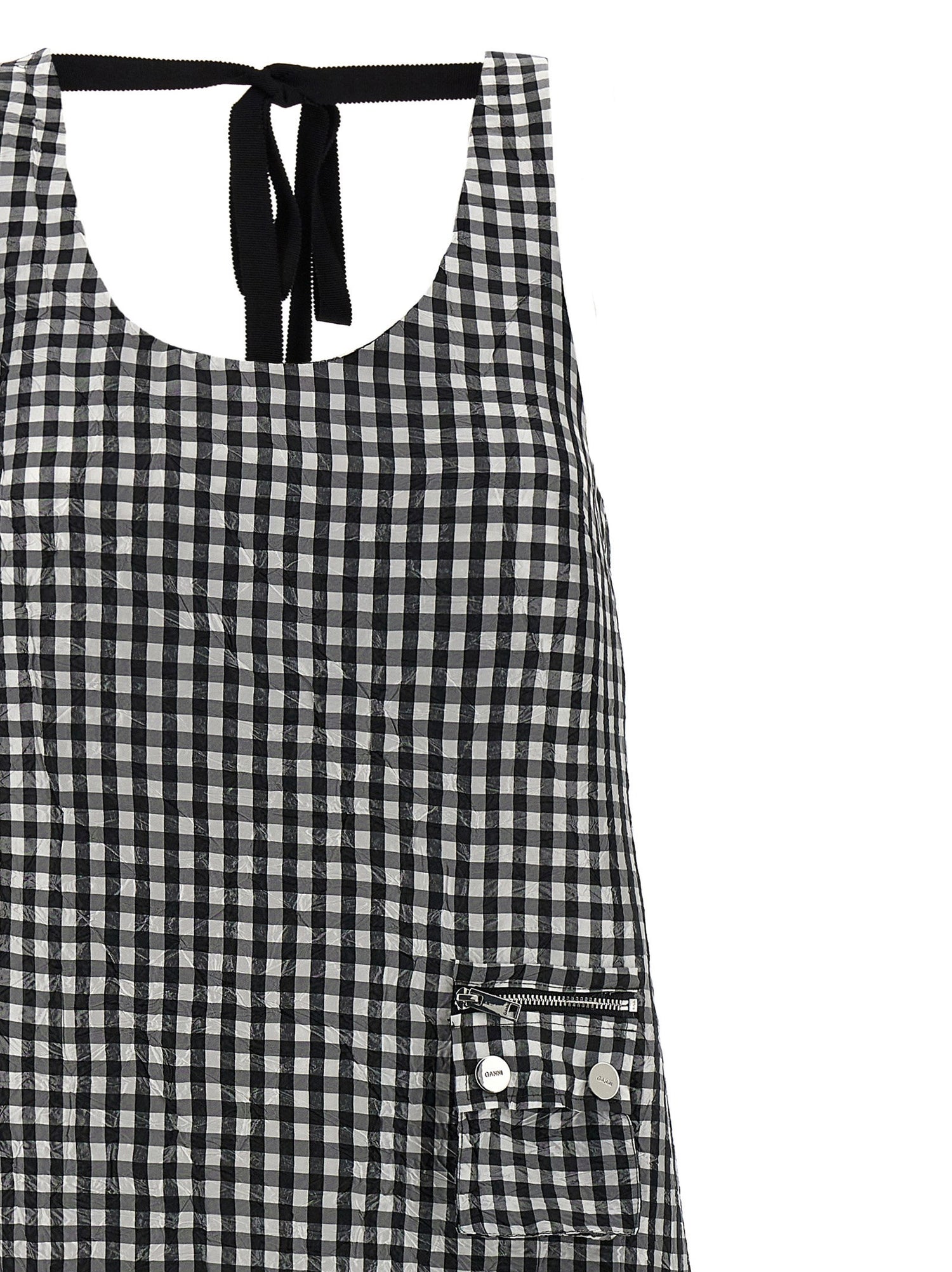 Ganni Crinkled Check Long Dress Black