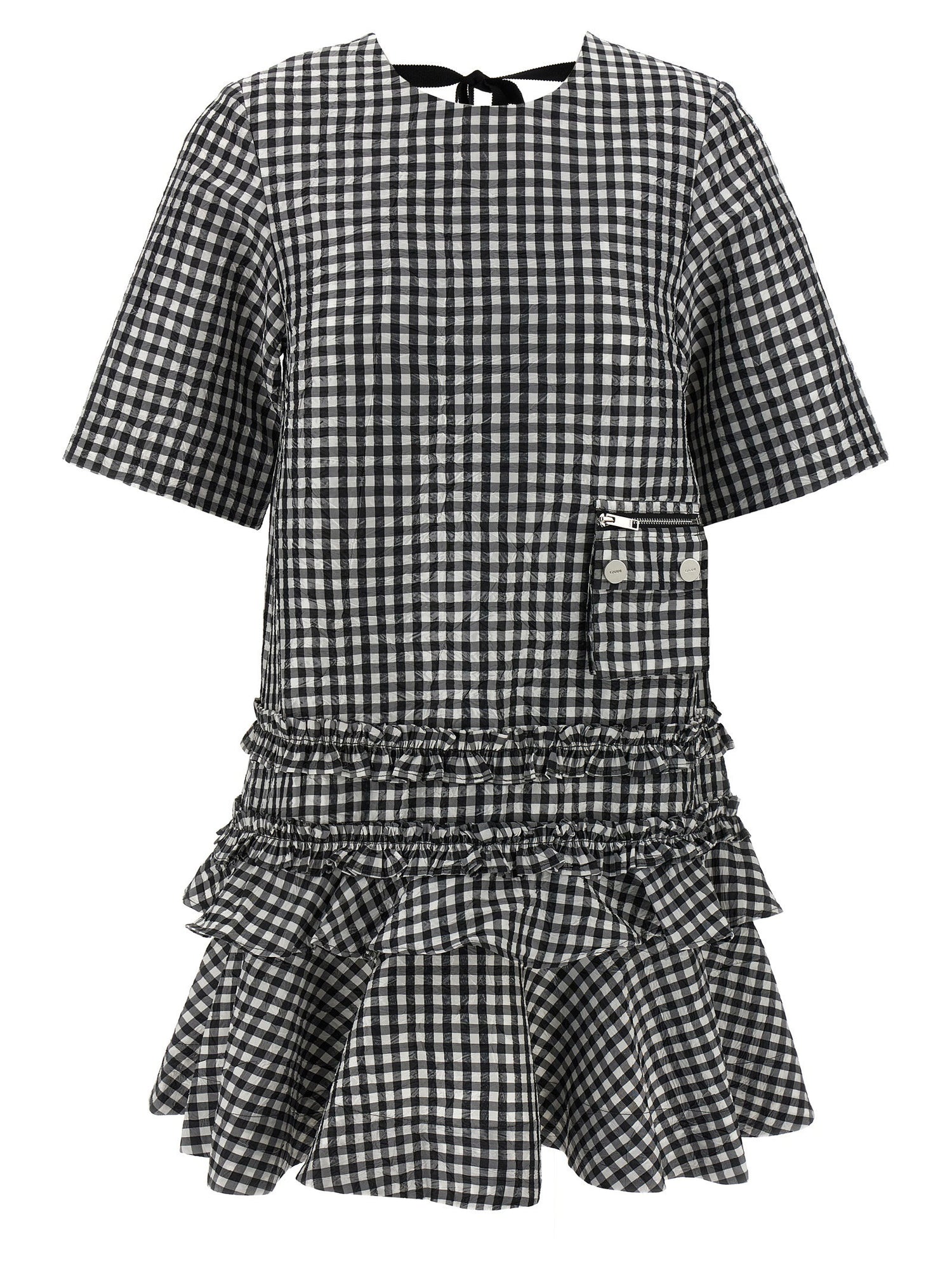 Ganni Crinkled Check Mini Dress White/black