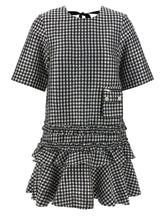 Ganni Crinkled Check Mini Dress White/black