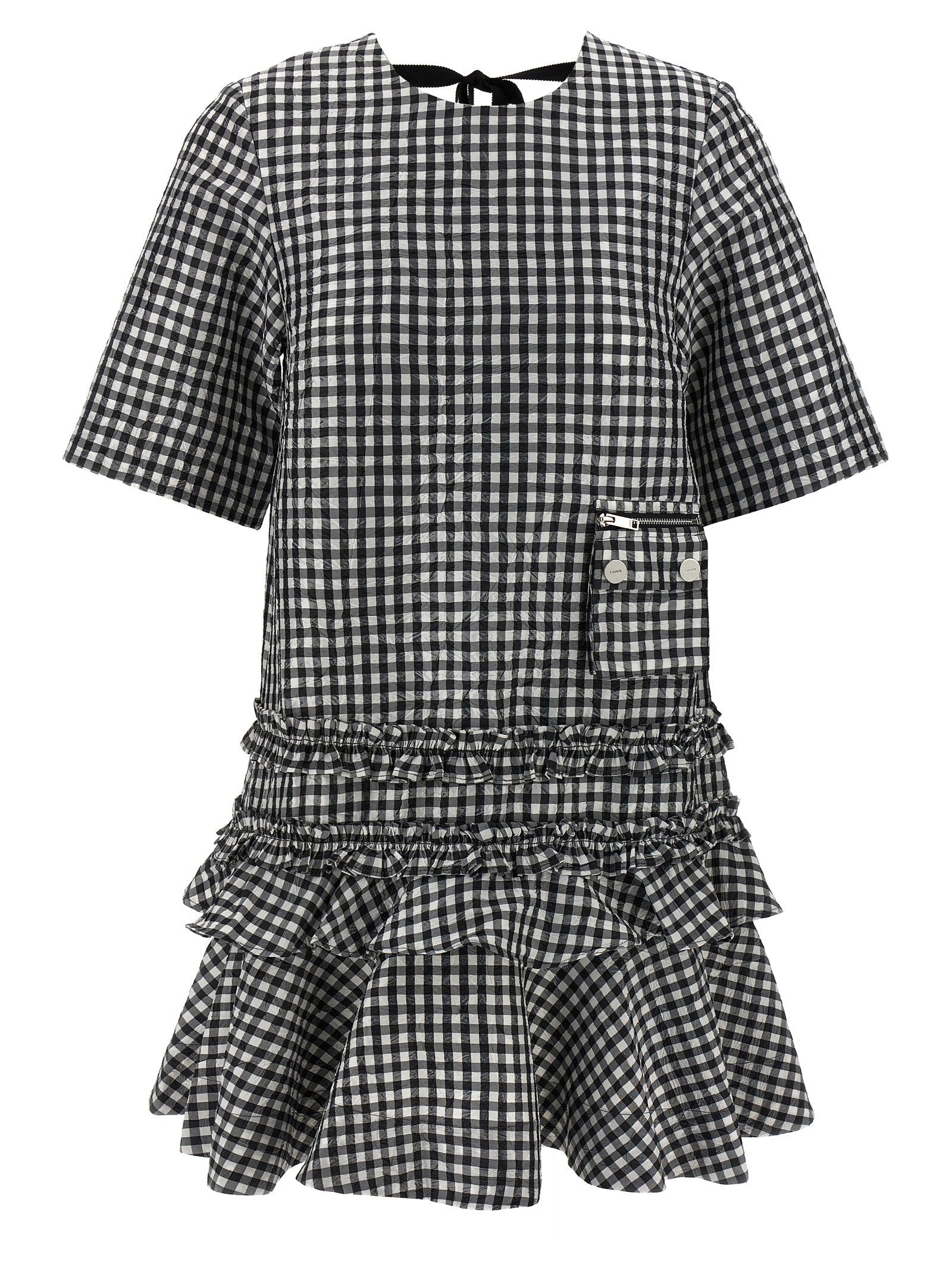 Ganni Crinkled Check Mini Dress White/black