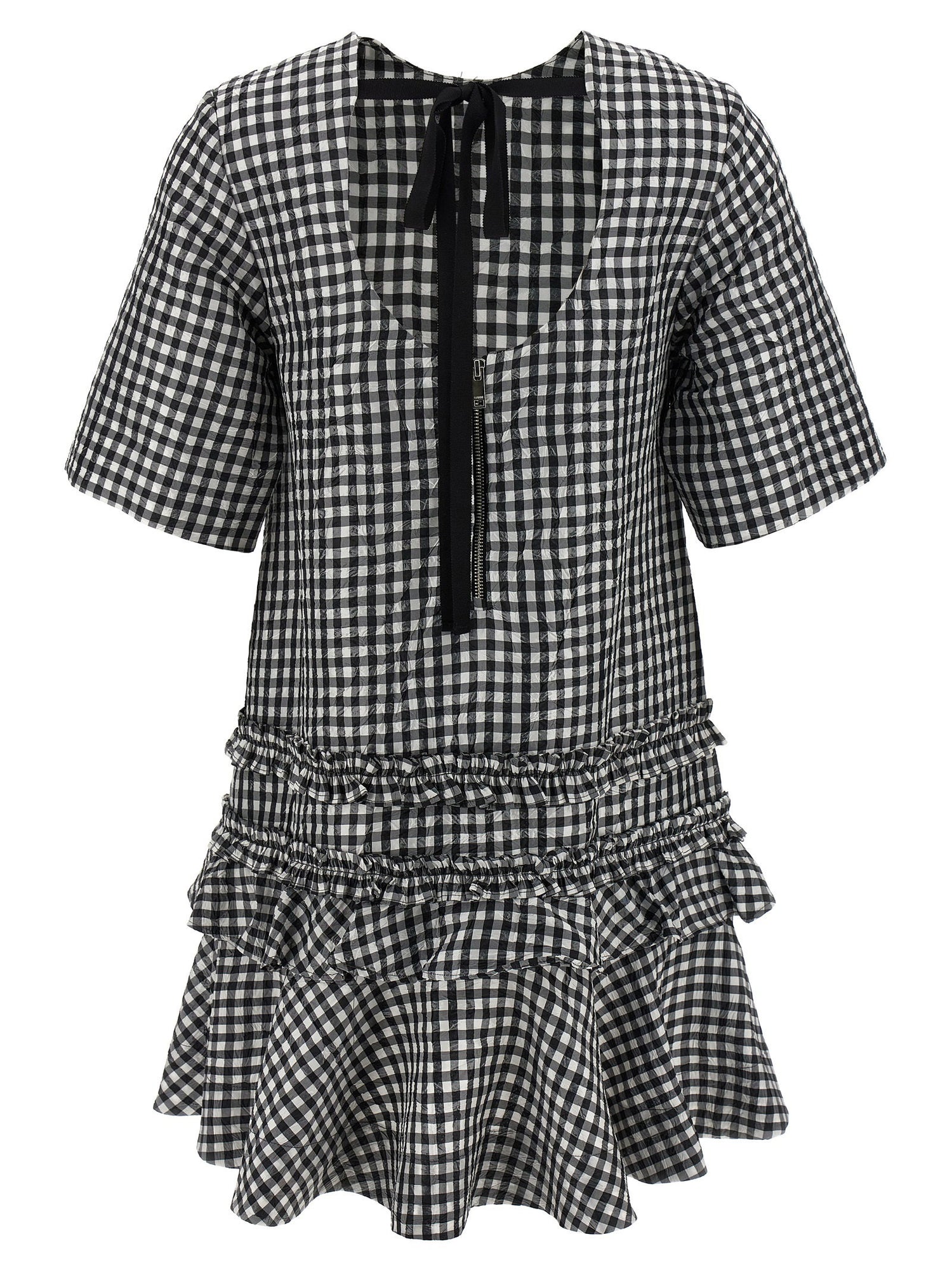 Ganni Crinkled Check Mini Dress White/black