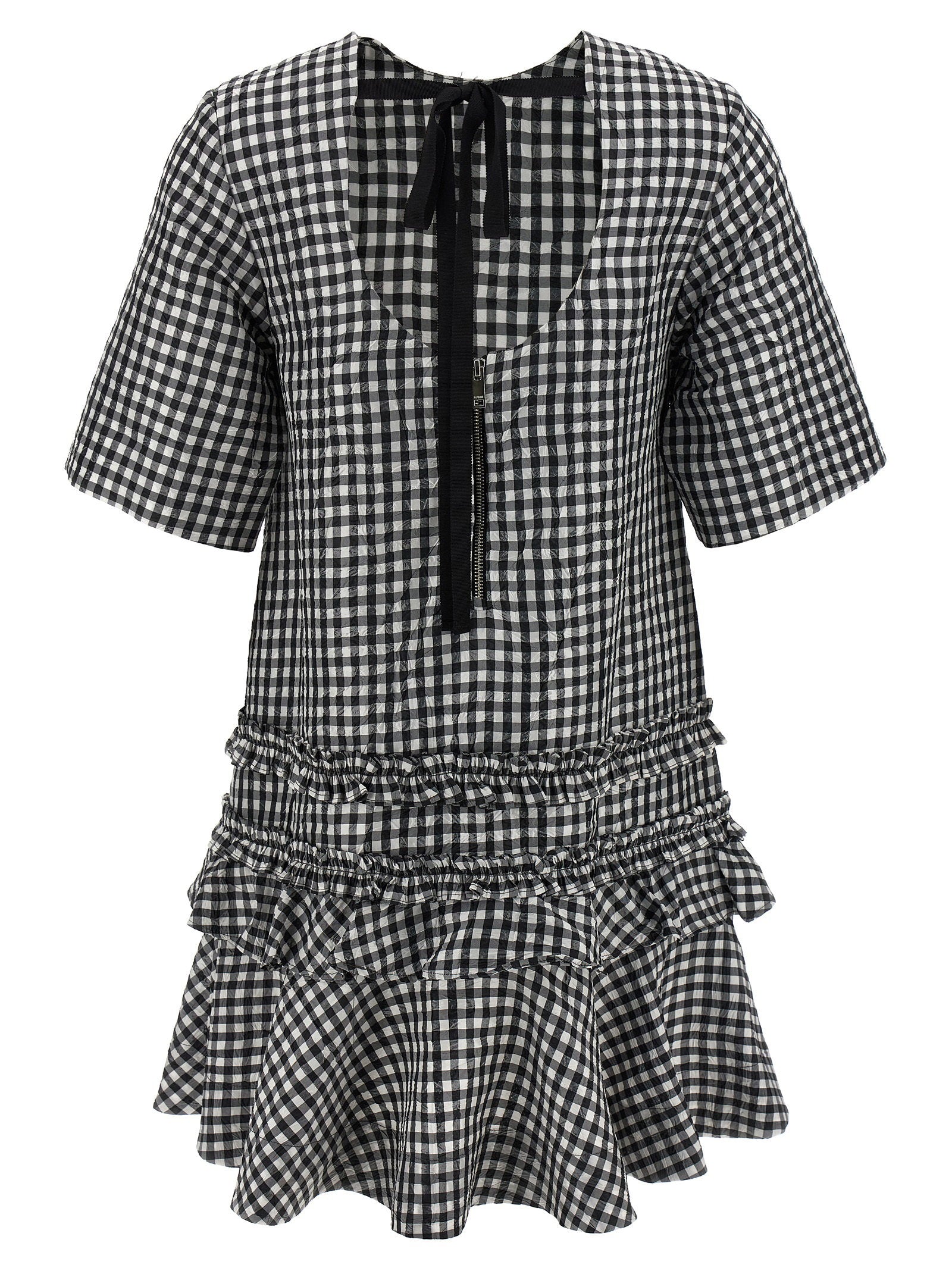 Ganni Crinkled Check Mini Dress White/black