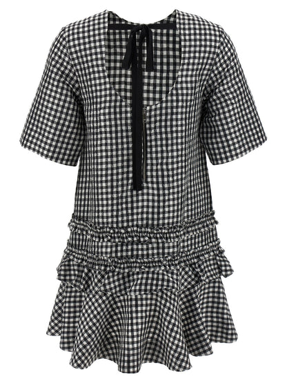 Ganni Crinkled Check Mini Dress White/black