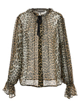 Ganni Leopard Print Chiffon Tie String Shirt Brown
