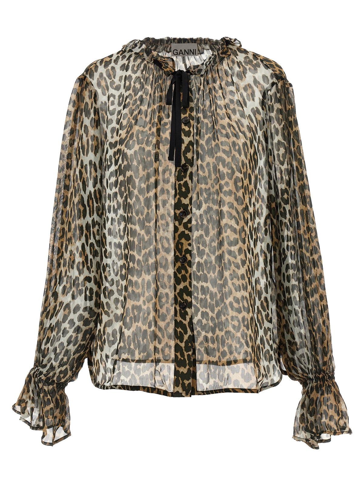 Ganni Leopard Print Chiffon Tie String Shirt Brown