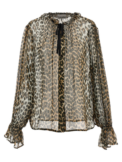 Ganni Leopard Print Chiffon Tie String Shirt Brown