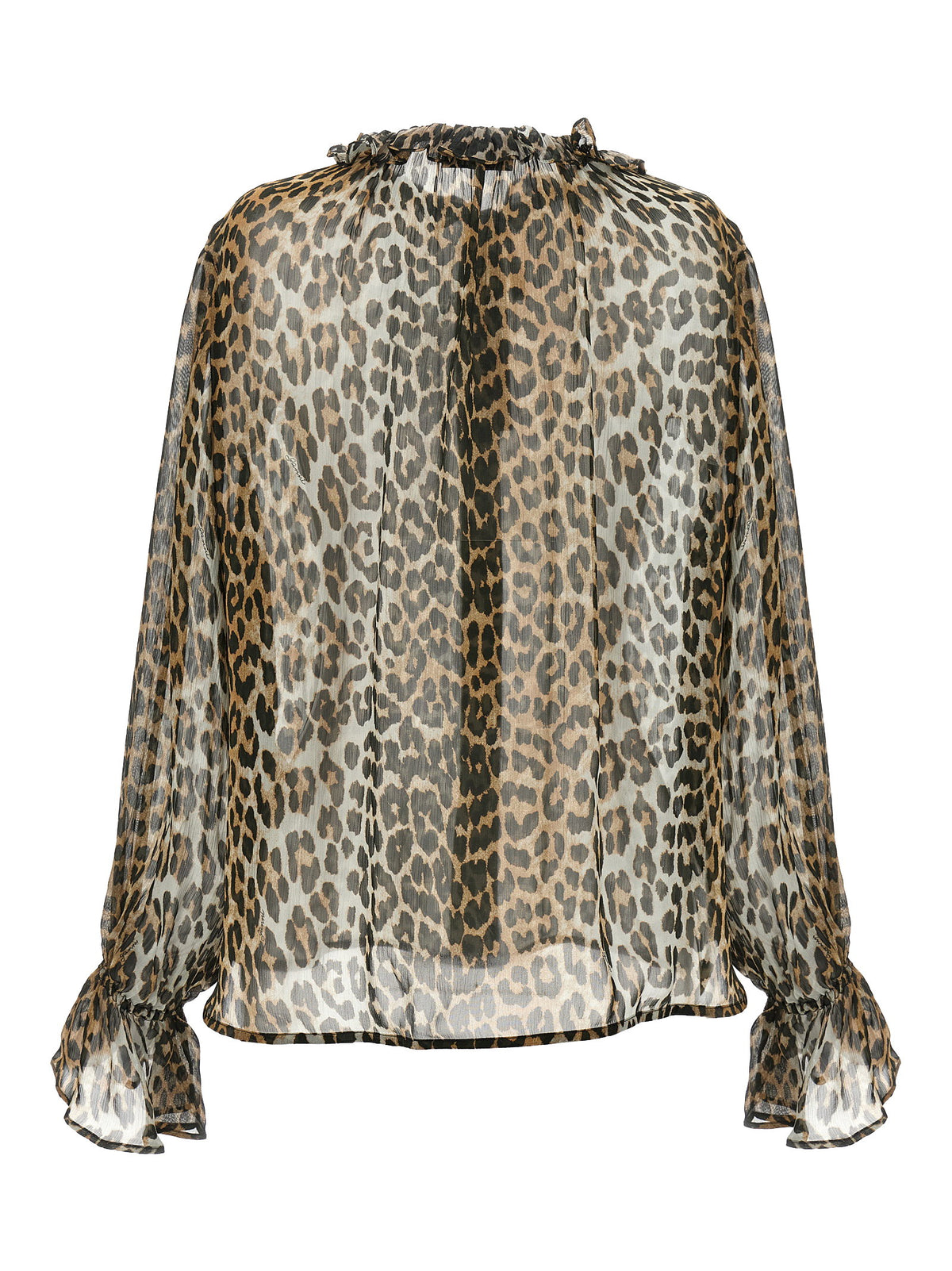Ganni Leopard Print Chiffon Tie String Shirt Brown
