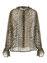 Ganni Leopard Print Chiffon Tie String Shirt Brown