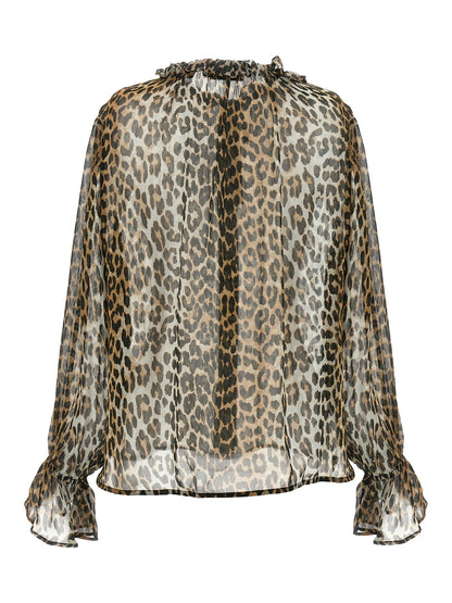 Ganni Leopard Print Chiffon Tie String Shirt Brown