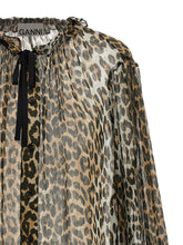 Ganni Leopard Print Chiffon Tie String Shirt Brown