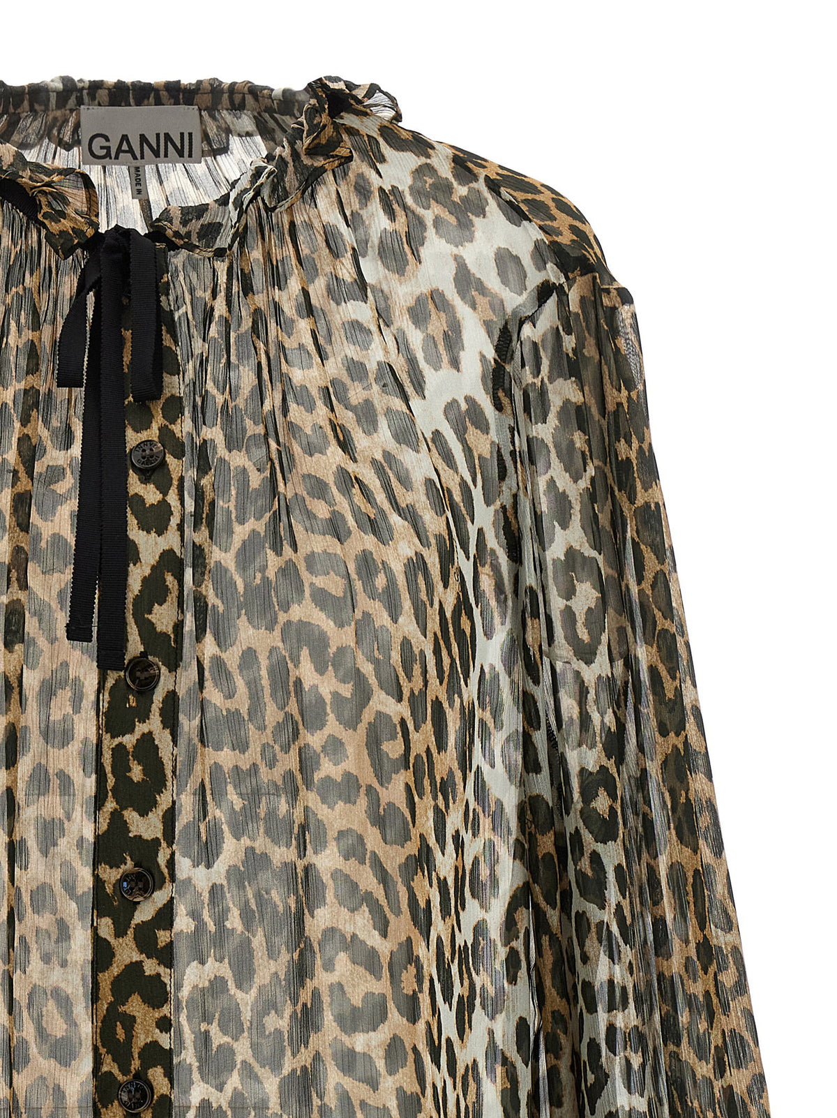 Ganni Leopard Print Chiffon Tie String Shirt Brown