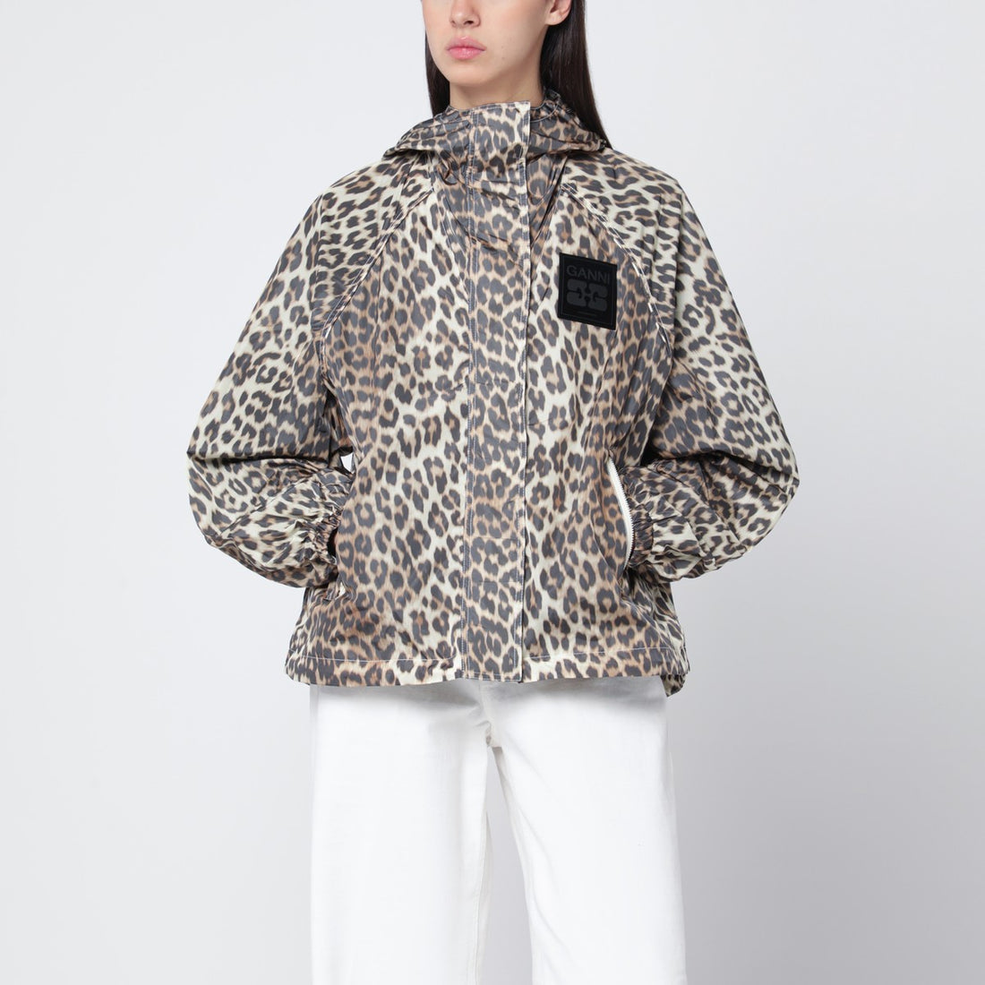 Ganni Leopard Print Hooded Jacket Beige