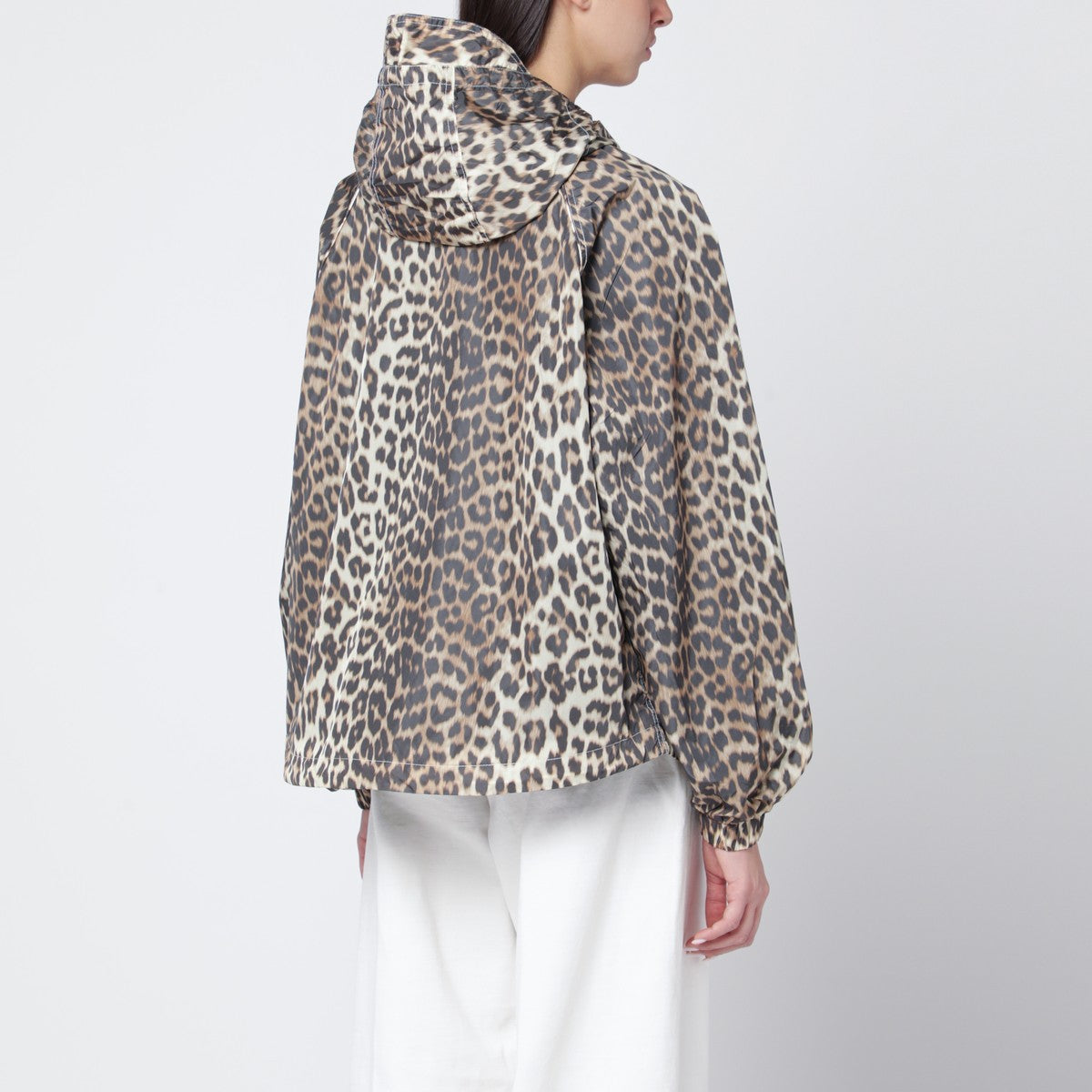 Ganni Leopard Print Hooded Jacket Beige