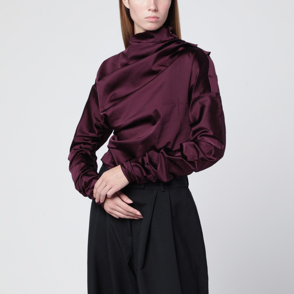Ganni Mauve Satin Draped Blouse with Back Cut-Out Red