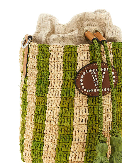 Valentino Garavani Raffia Small Bucket Bag Green