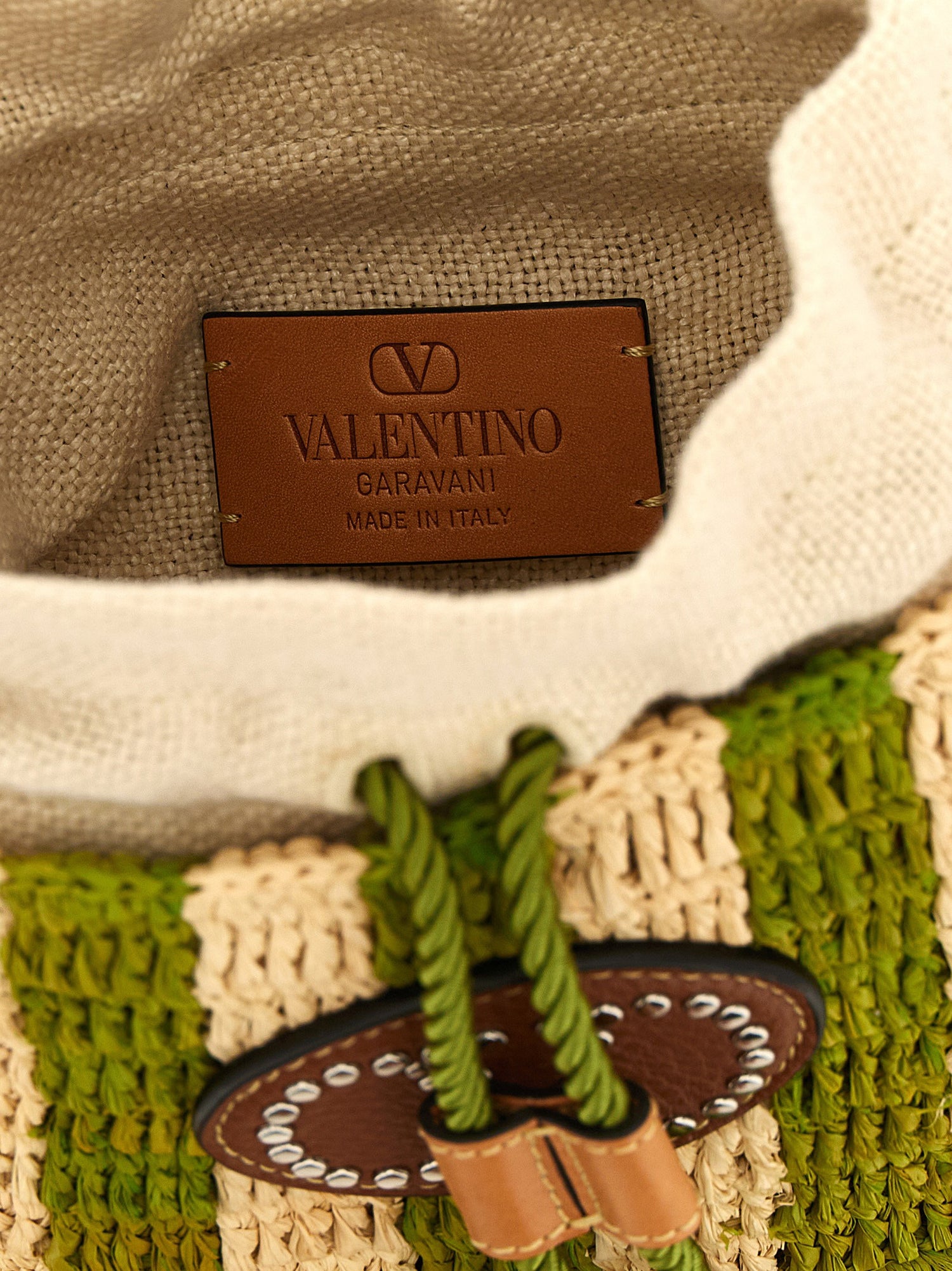 Valentino Garavani Raffia Small Bucket Bag Green