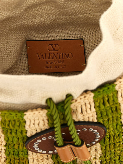 Valentino Garavani Raffia Small Bucket Bag Green