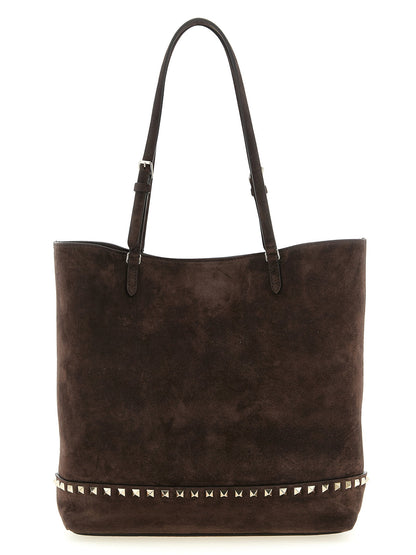 Valentino Garavani Rockstud Medium Suede Shoulder Bag Brown