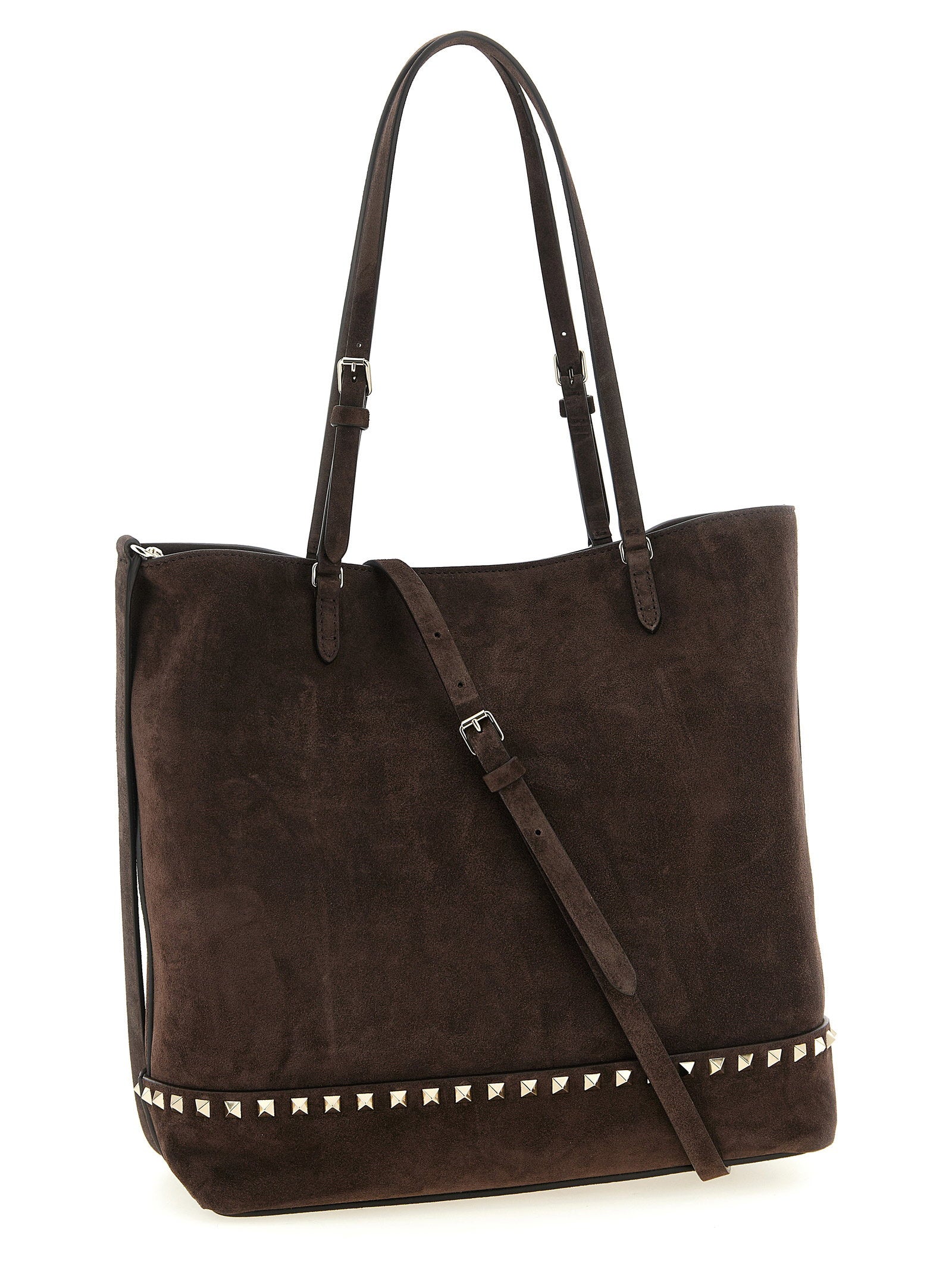 Valentino Garavani Rockstud Medium Suede Shoulder Bag Brown