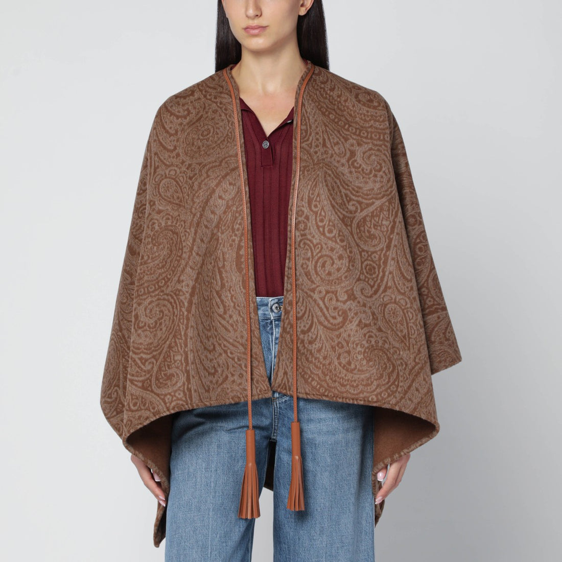 Etro Brown Wool-Cashmere Cape with Paisley Jacquard Brown