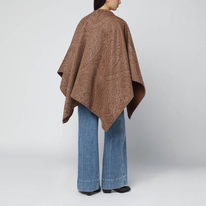Etro Brown Wool-Cashmere Cape with Paisley Jacquard Brown