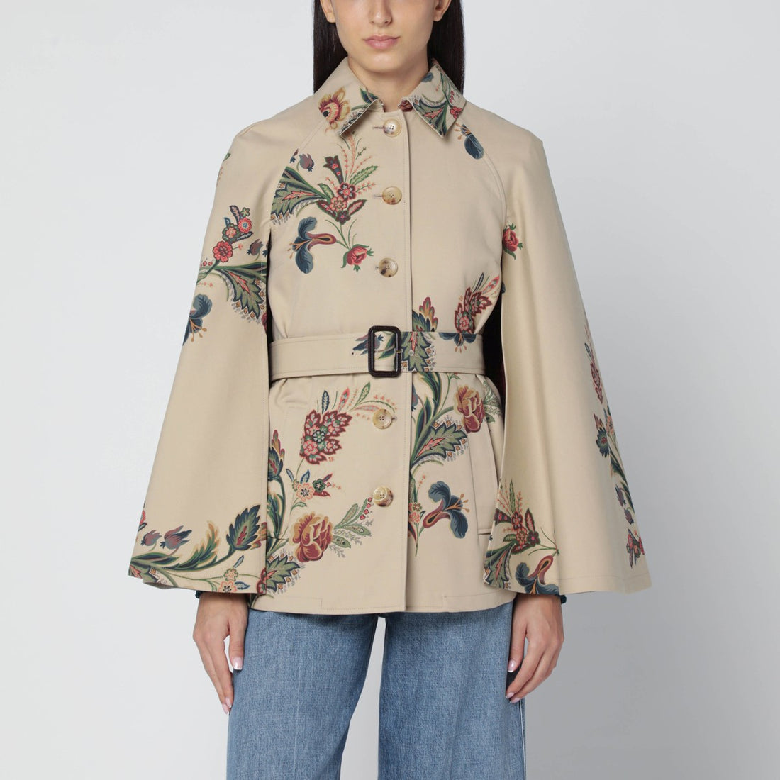 Etro Beige Floral-Print Short Cape Trench Coat Multicolor