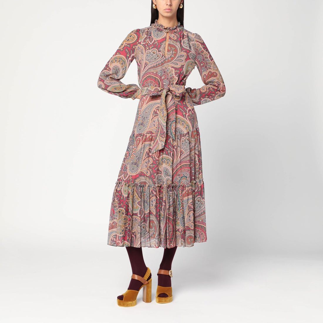 Etro Long Paisley-Print Viscose Dress with Ruffled Neck Multicolor