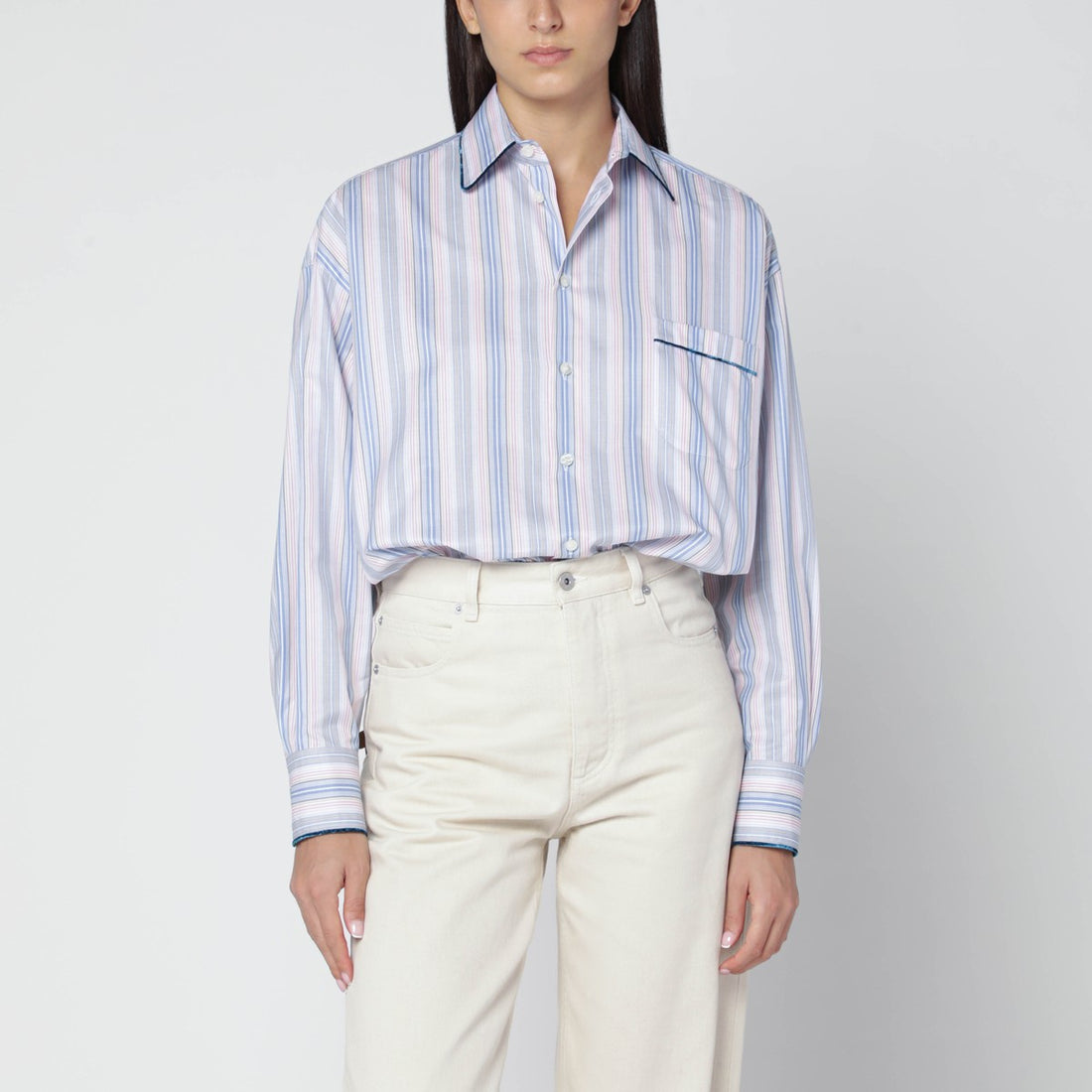 Etro Striped Jacquard Cotton Poplin Shirt with Velvet Piping Multicolor