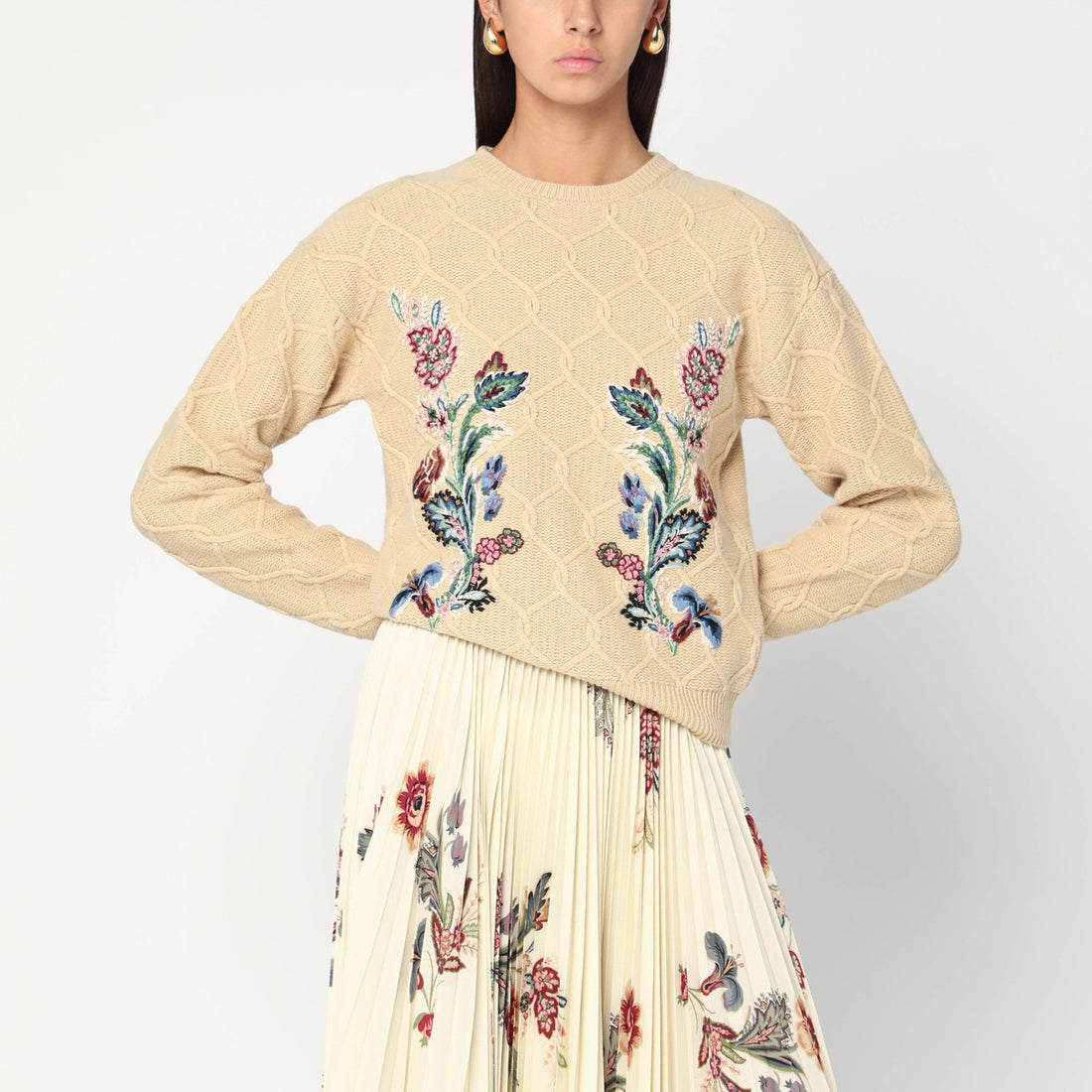 Etro Beige wool and cashmere sweater with floral embroidery Beige
