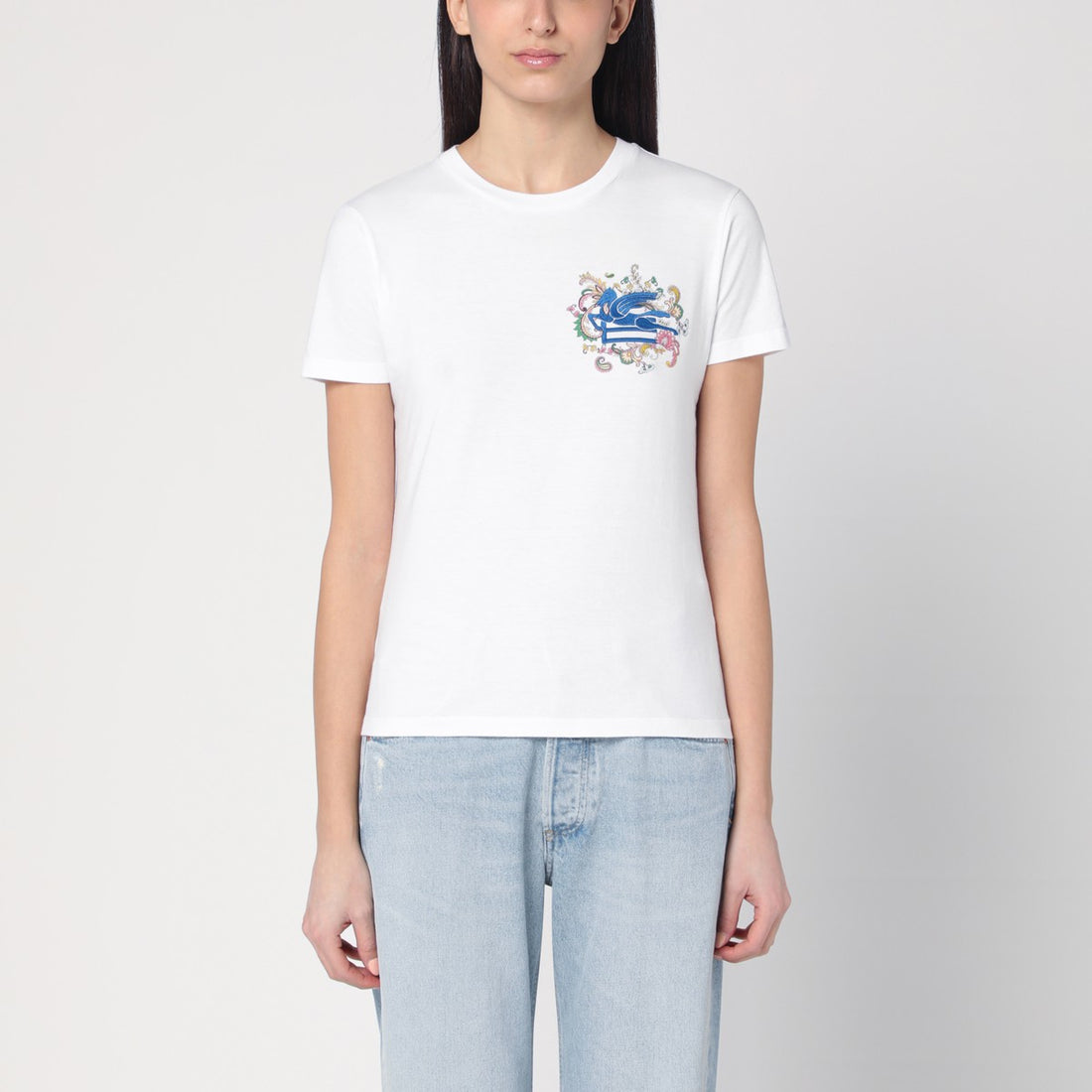 Etro White Cotton T-shirt with Contrasting Logo Embroidery White