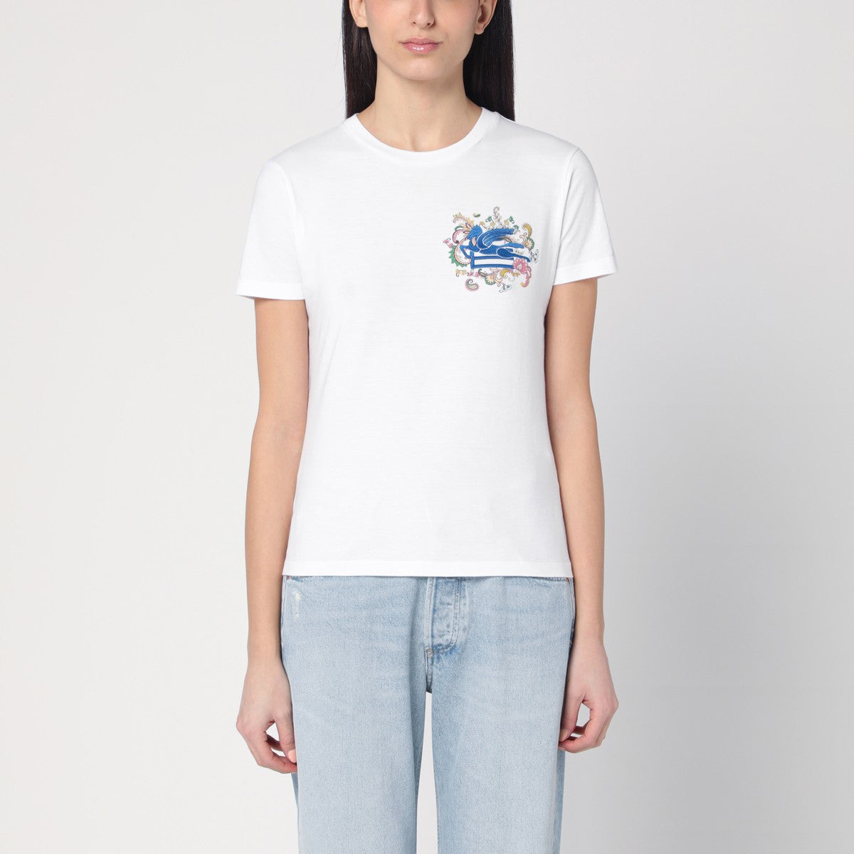 Etro White Cotton T-shirt with Contrasting Logo Embroidery White