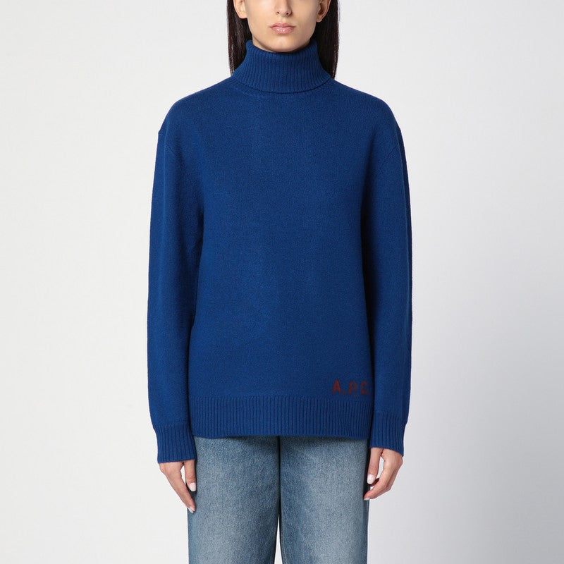 A.P.C. Blue Virgin Wool Turtleneck Sweater with Logo Inlay Blue