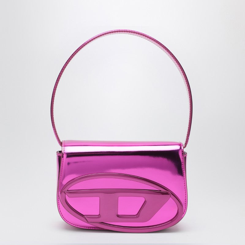 Diesel 1DR Iconic Mirrored Fuchsia Leather Shoulder Bag Pink