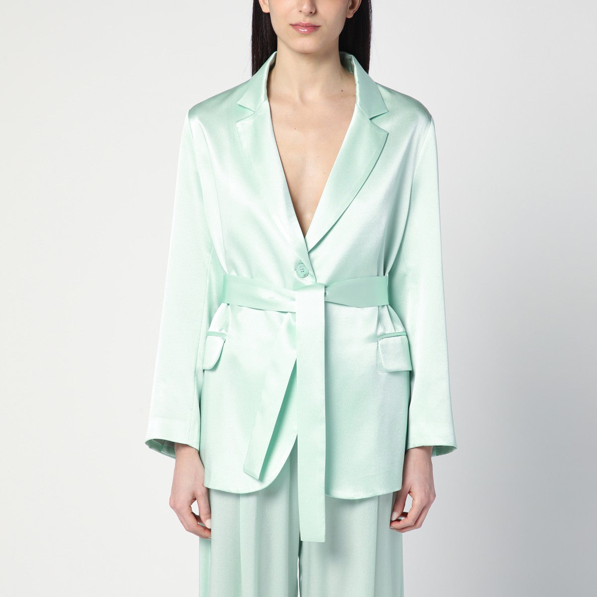 Semicouture Single-Breasted Silk-Blend Jacket in Aqua Green Green