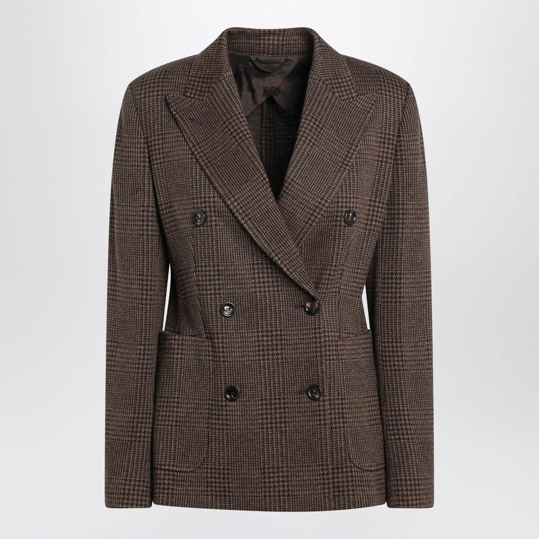 Max Mara Brown Prince of Wales Double-Breasted Wool-Cotton Blazer Brown
