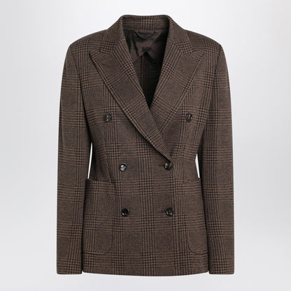 Max Mara Brown Prince of Wales Double-Breasted Wool-Cotton Blazer Brown