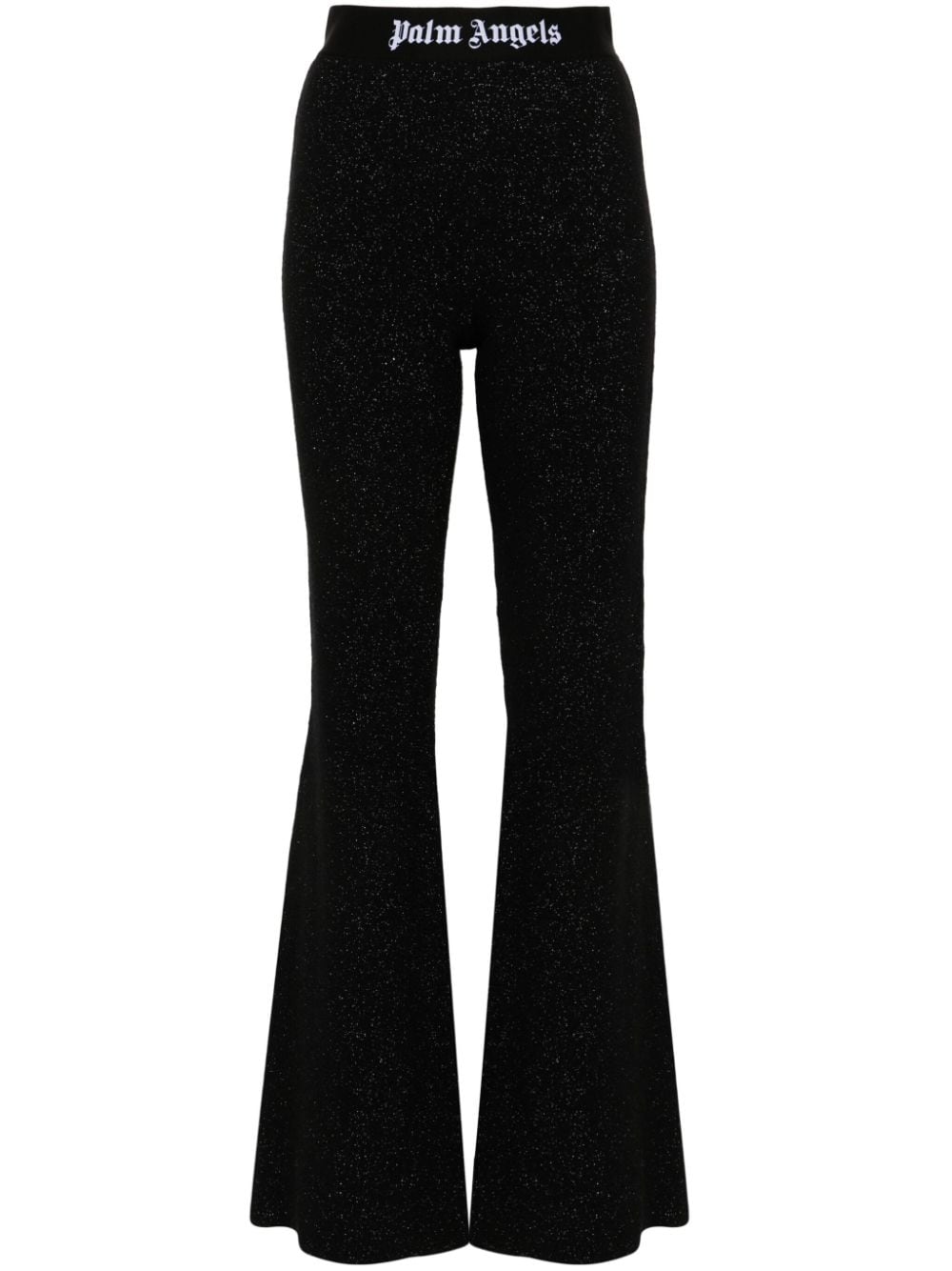 Palm Angels Knitted Flared Trousers with Lurex and Logo Tape Black