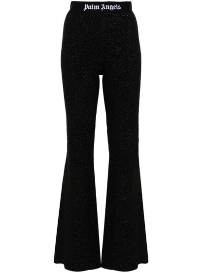 Palm Angels Knitted Flared Trousers with Lurex and Logo Tape Black