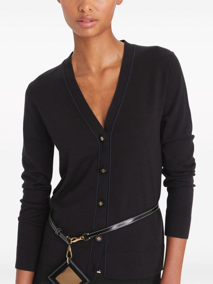Tory Burch Fine Knit Wool-Silk V-Neck Cardigan Black