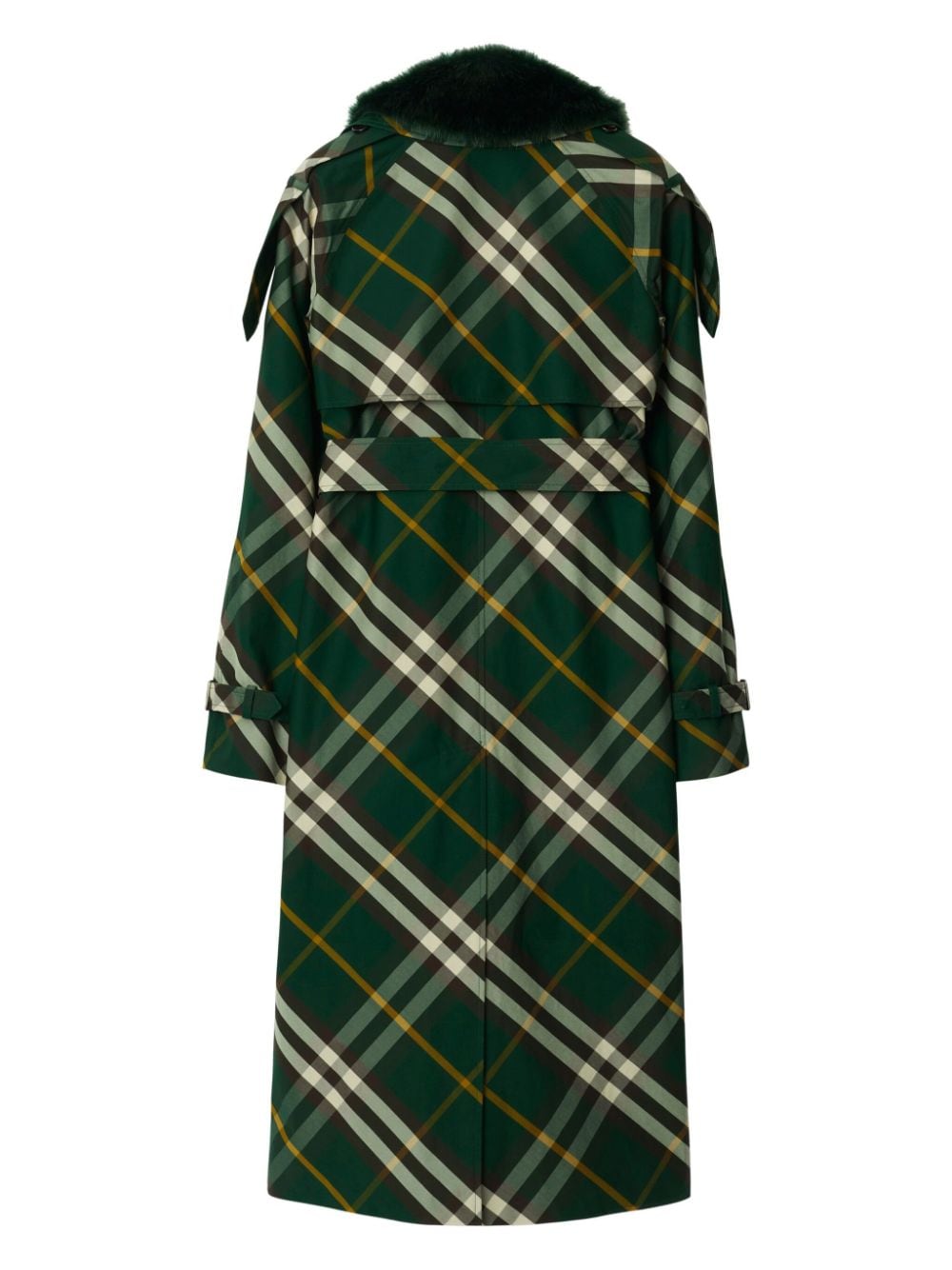 Burberry Check Cotton Shearling Collar Double-Breasted Coat Green
