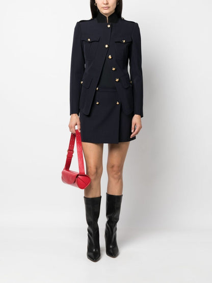 Alexander McQueen Wool-Cotton Twill Mini Wrap Skirt with Gold Buttons Blue