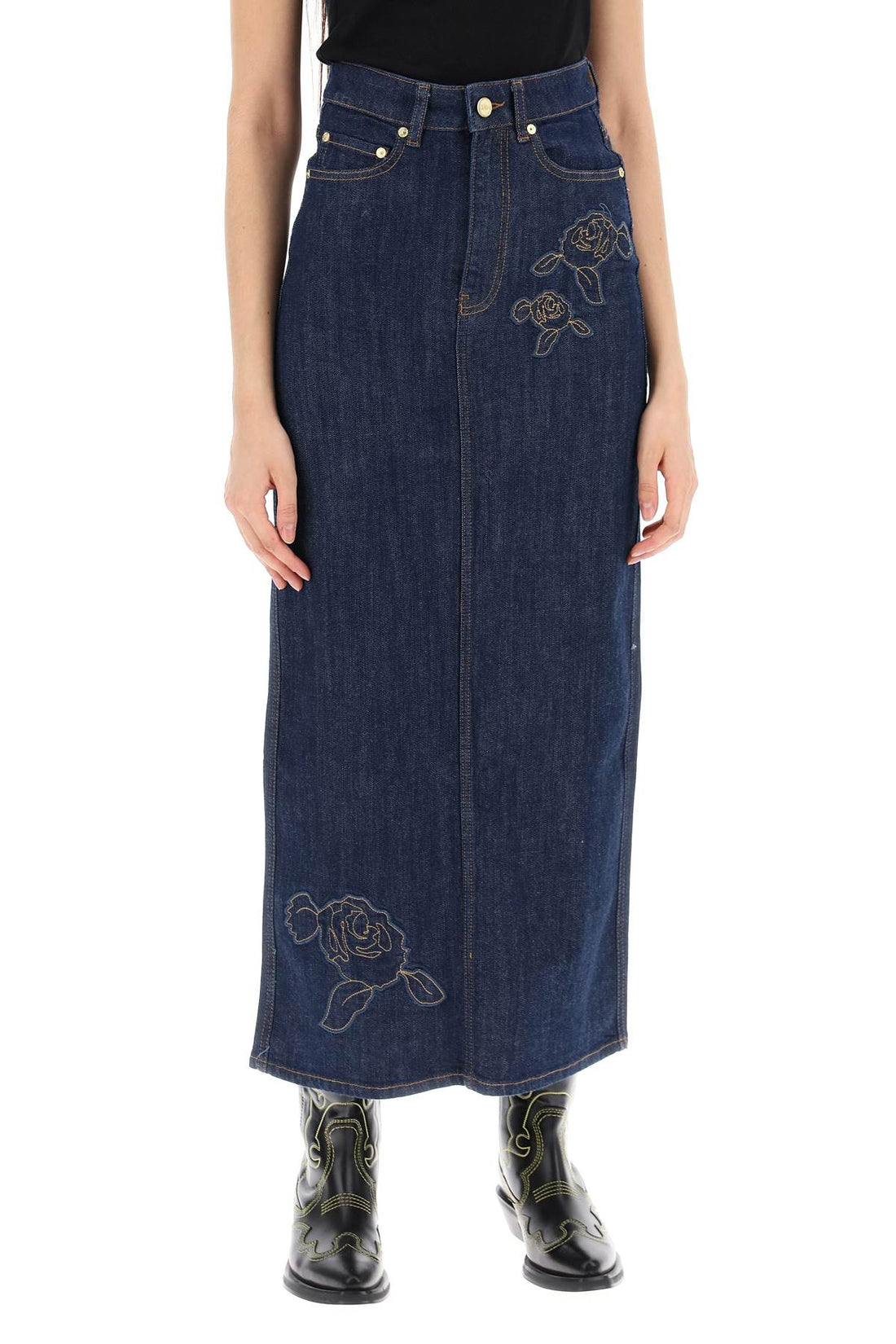 Maxi Denim Skirt with pink embroidery