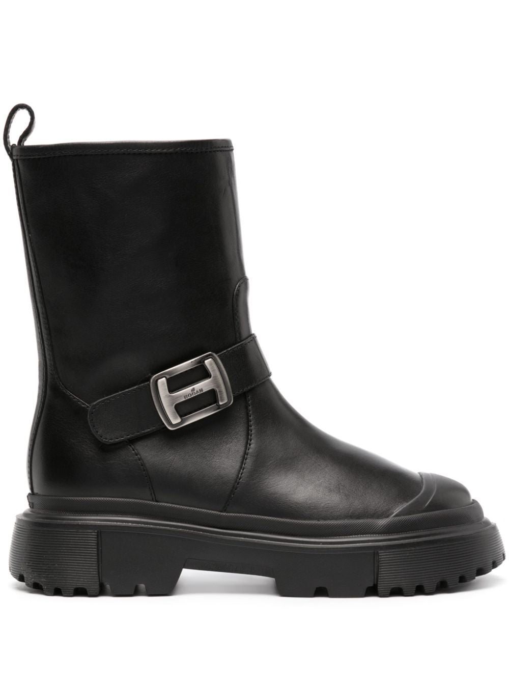 Hogan Pre 40mm Logo Buckle Calf Leather Ankle Boots Black Black