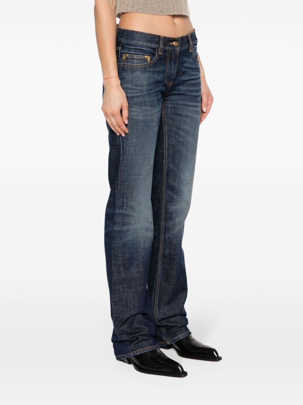 Palm Angels High-Rise Embroidered Denim Jeans Blue Blue