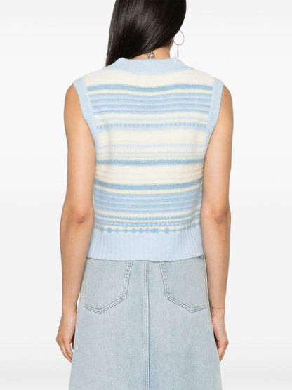Ganni Striped Sleeveless Merino Wool-Blend Sweater Vest Clear Blue